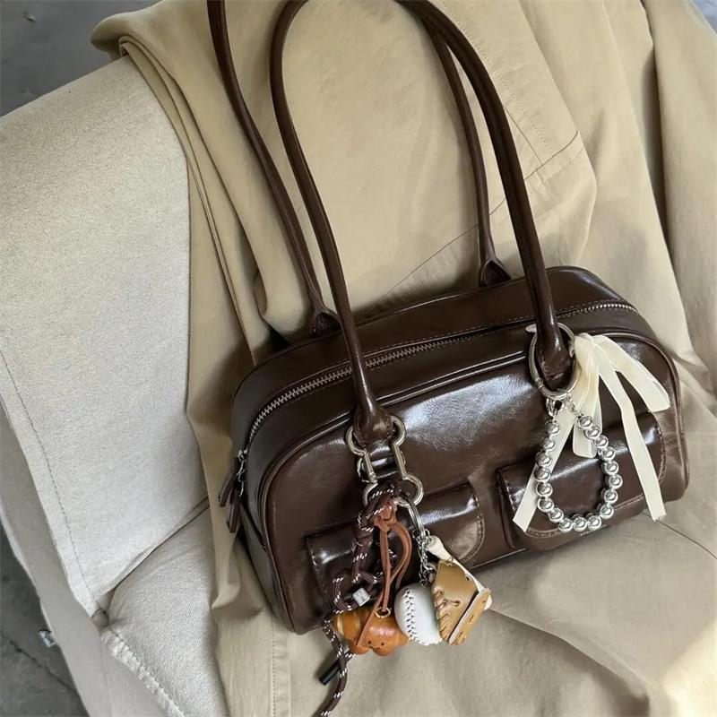 Large Capacity Brown Bowling Handbag Women's Shoulder Bag Retro Korean INS Style Autumn Winter New 2025 Fashion Trend Bag