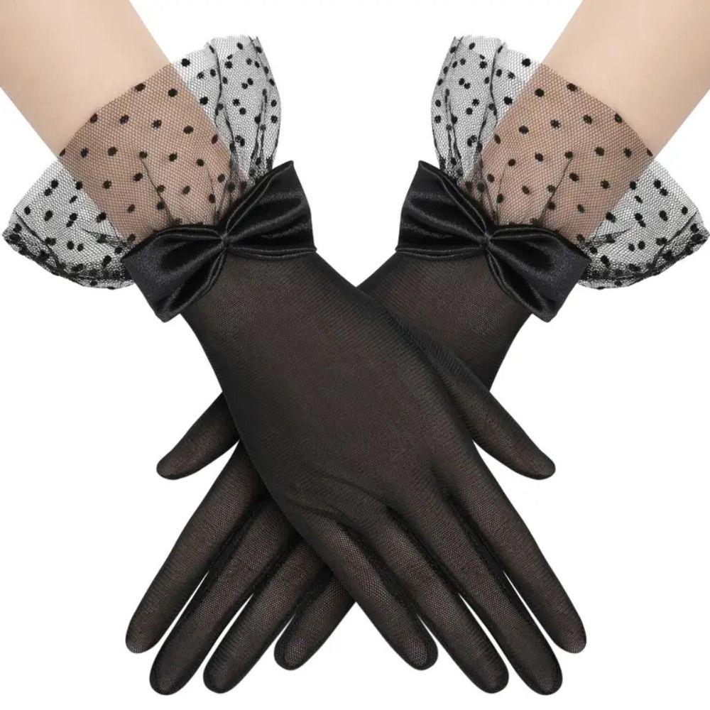 Polka Dot Wedding Bridal Gloves White Long Finger Mittens Retro Black Lace Gloves  Funeral