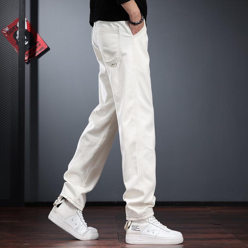 Jielenuo Men's Relaxed Tapered Washed White Jeans