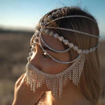 Shimmering Rhinestones Chain Veil Mask Headpiece Headchain Sparkling Chain Face Mask Party Costume Accessories