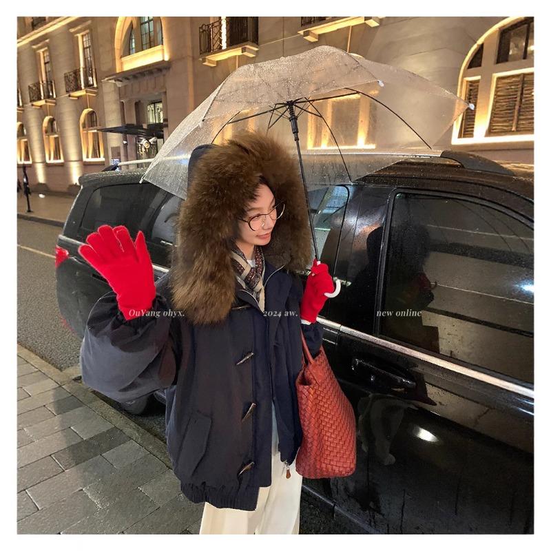Corner buckle big fur collar hooded cotton jacket women's short small thickened tooling pie overcome