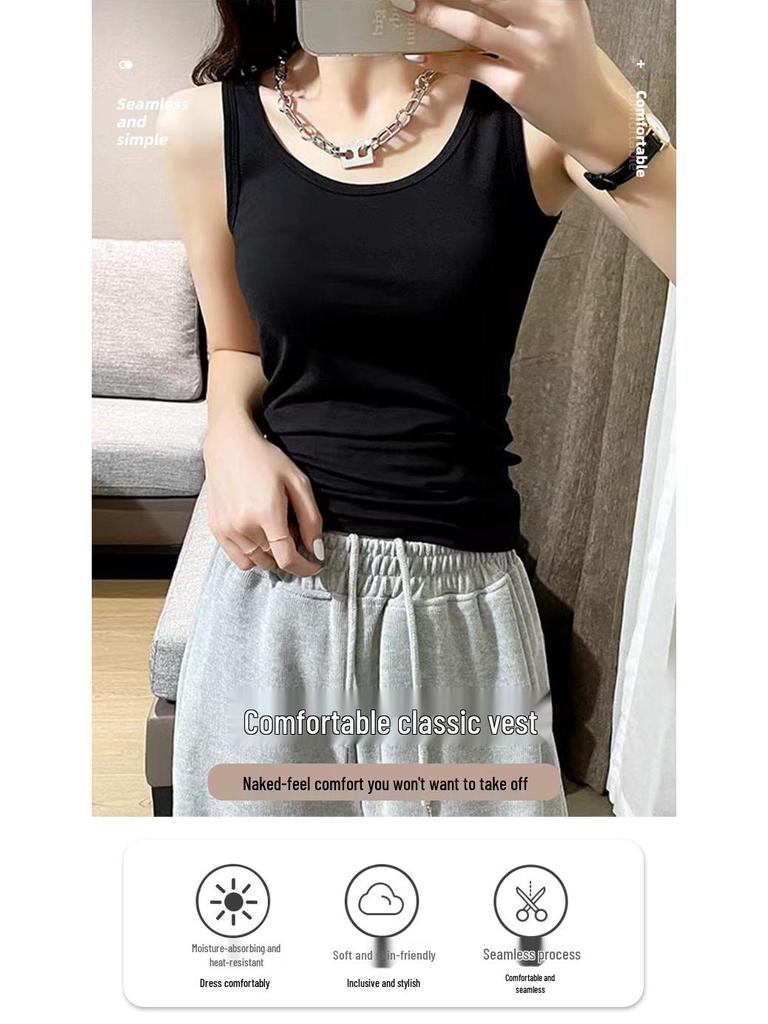 Spring/Summer Women's White Cotton Racerback Tank Top - Sleeveless Camisole Knitted Base Layer