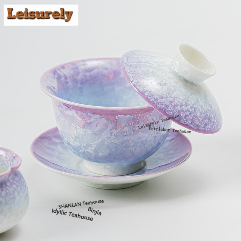 Kiln Fambe Crystal Glaze Gaiwan Ancient Tea Tureen Tea Bowl With Lid Kit Tea Making Cover Bowl Chinese Tea Set Collection Gift