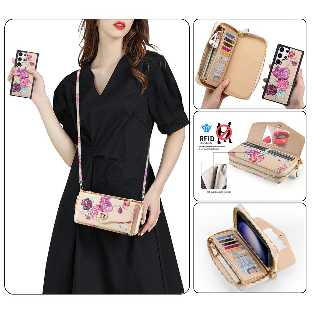 Crossbody Flower Wallet Leather Case For Samsung Galaxy S25 S24 Ultra S23 S22 Note 20 Detachable Wristband Cards Phone Cover
