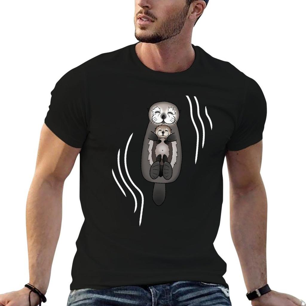 Mother And Pup Sea Otters Mom Holding Baby Otter Tshirt Creative Graphic Tee Shirt