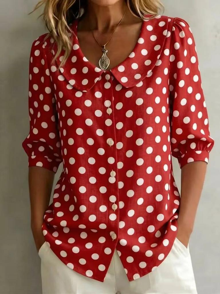 1116 New European and American Retro Polka Dot Lotus Leaf Collar Shirt Women, Loose Seven-point Bubble Sleeve Shirt Commuting Versatile