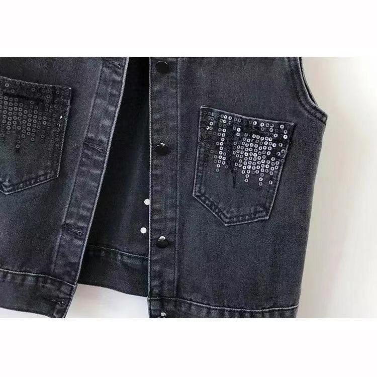 Fashion Design Sequins Summer Autumn Women's Waistcoat Korean Leeveless Denim Jeans Jacket Vest