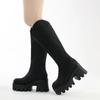 Fashion 9cm Women's Platform Chunky High Heel Lace Up Combat Boots Round Toe Black Patent Leather Goth Boots Knight Punk Big Size