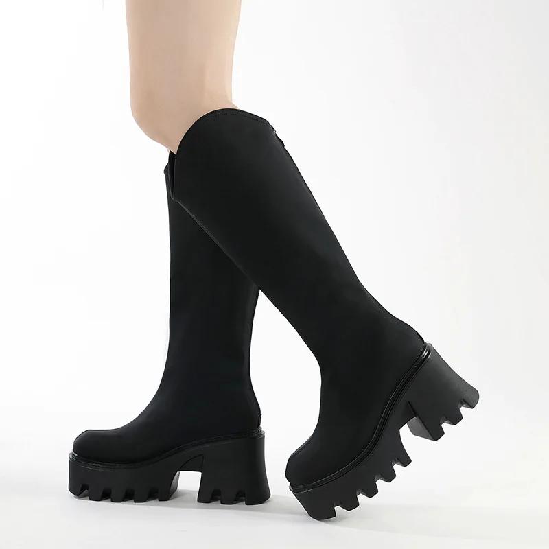 Fashion New Autumn Winter Mid Calf Boots Punk Goth Chunky Platform High Heels Motorcycle Long Boots Women Shoes For Woman Big Size