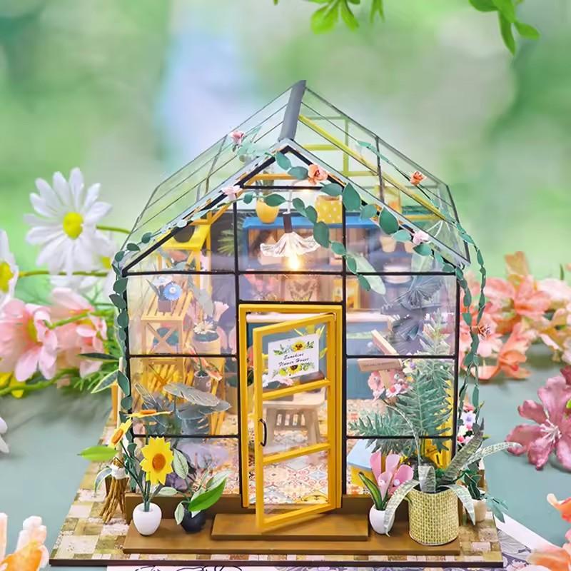 Puppenhaus Bausatz Mini DIY Blumenhaus Handgefertigt 3D Puzzle Montage Bauspielzeug Heim Schlafzimmer Dekoration mit Möbeln Puppenhäuser