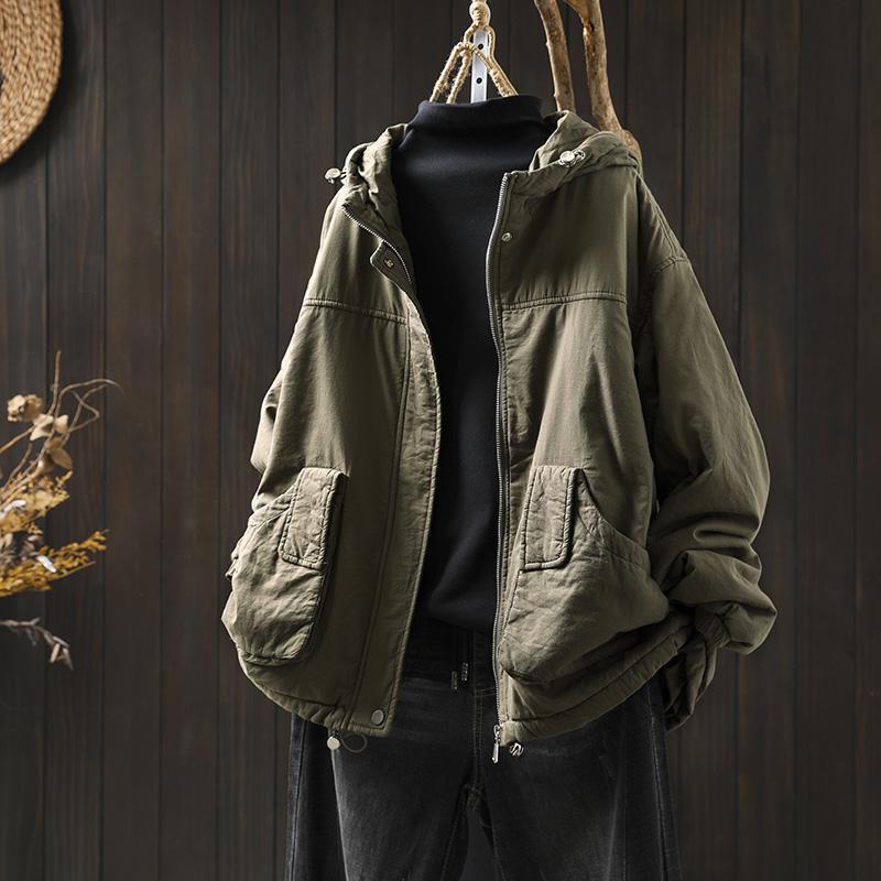 Women's Retro Casual Quilted Cotton Jacket with Hood, Large Pockets, Lightweight, Loose Fit, Plus Size, Winter Warm Outerwear.