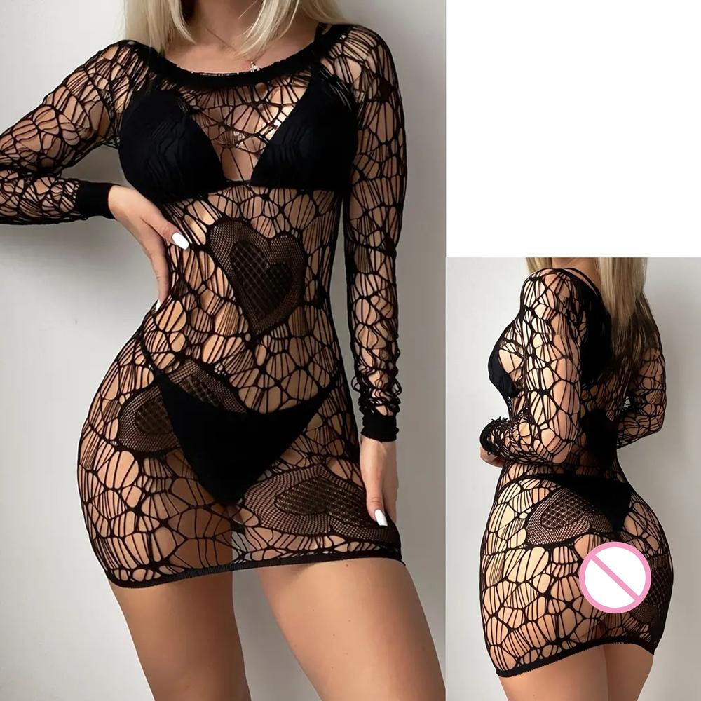 New Sexy Fishnet Long Dress Bobysuit Women Erotic Lingerie Dress Porno Babydolls Underwear Teddy Bodystockings Costumes For Sex
