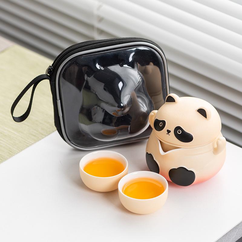 Light luxury panda portable travel tea set, grab a pot, two cups, express cup, high-end business gifts
