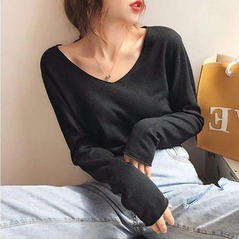 

Женская плиссированная летняя однотонная свободная футболка с длинным рукавом и V-образным воротником, повседневная простая футболка One Size