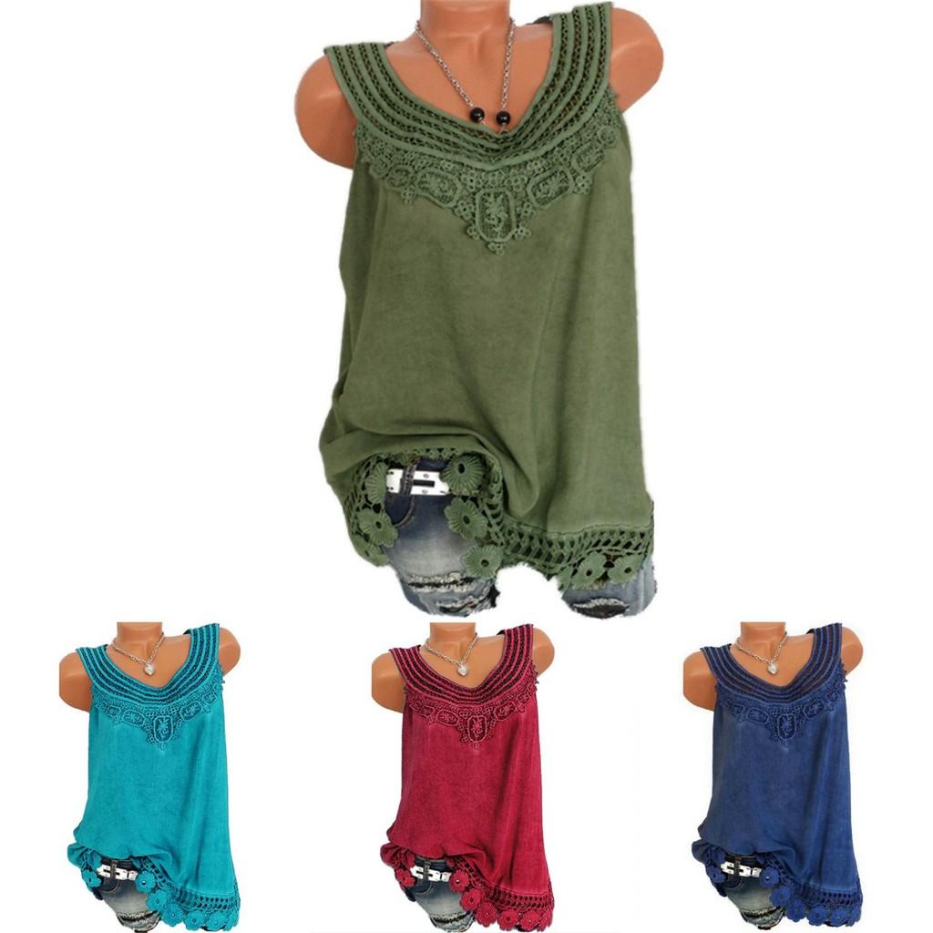 Women's Loose Sleeveless Vest T-shirt Blouse With Elegant Boho Lace Design In Plus Sizes