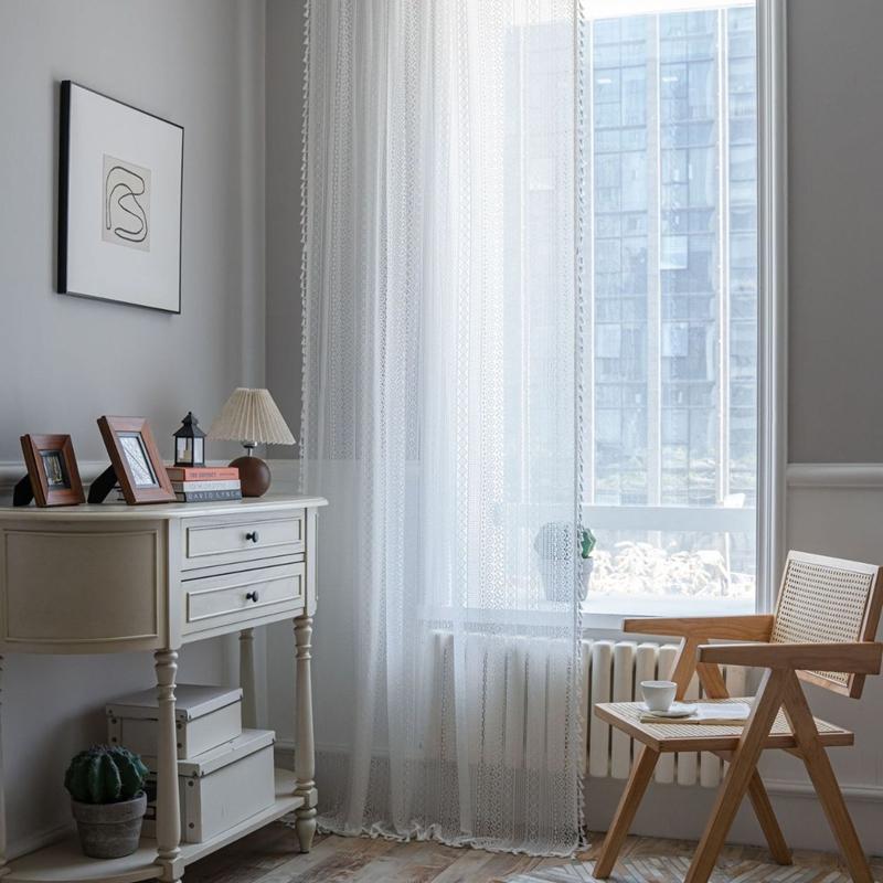 Jacquard Hollowed Out White Curtain American Rural Translucent Pastorale Living Room Balcony Bedroom Bay Window Artistic Curtain