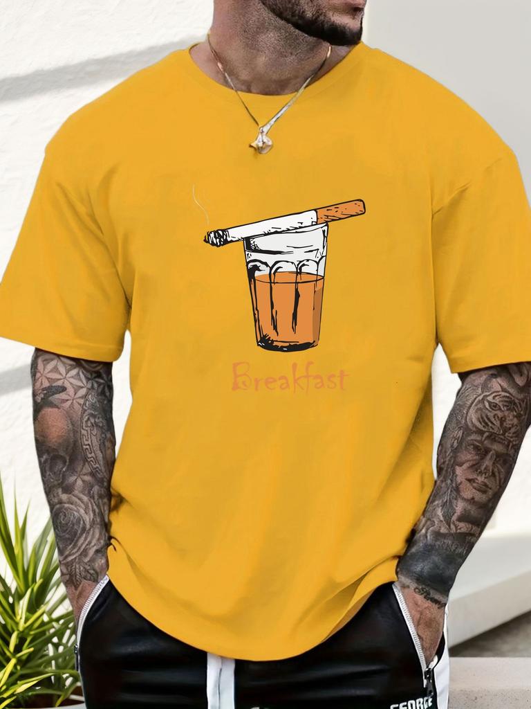 Mens Casual Tshirt Breakfast Cigarette Drink Print Short Sleeve Round Neck Breathable Oversized Edgy Daily Tee
