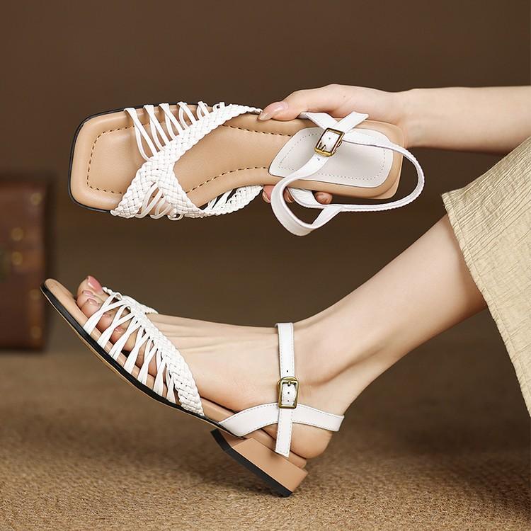 Fashion Square-toed woven flat hollowed-out sandals 2025 summer outerwear fine band open-toe versatile Roman sandals for women