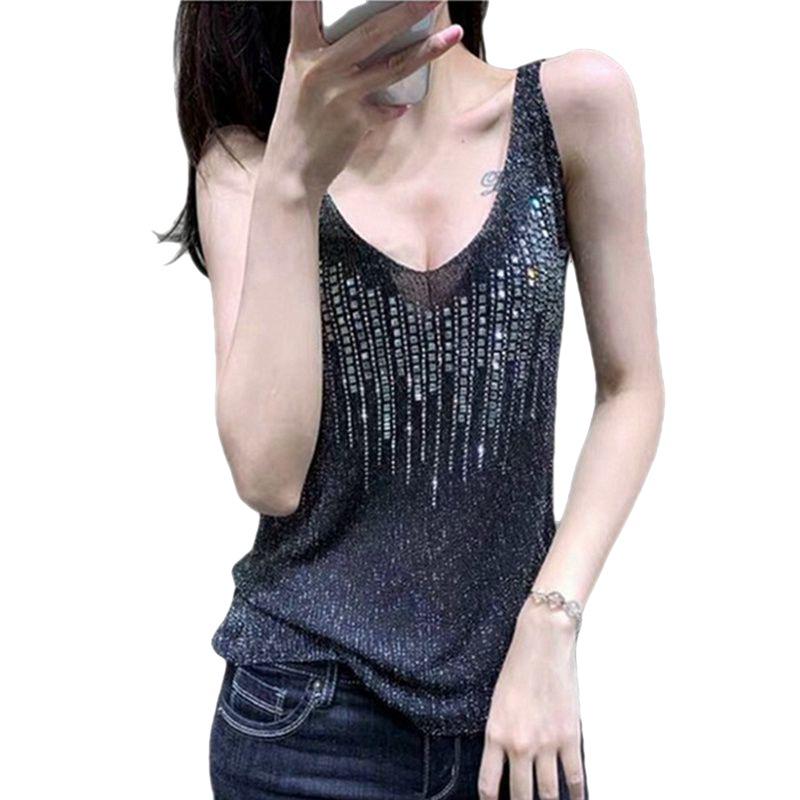 Women's Summer 2025 Rhinestone Knit Tank Top - Sleeveless Ice Silk Camisole