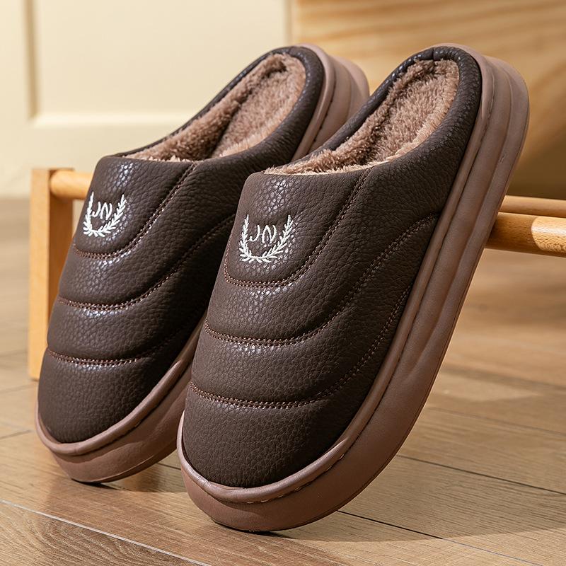 Extra Large Size Waterproof Cotton Slippers Indoor Home Thick Bottom Non-slip Piled Warm Leather Plush Slippers