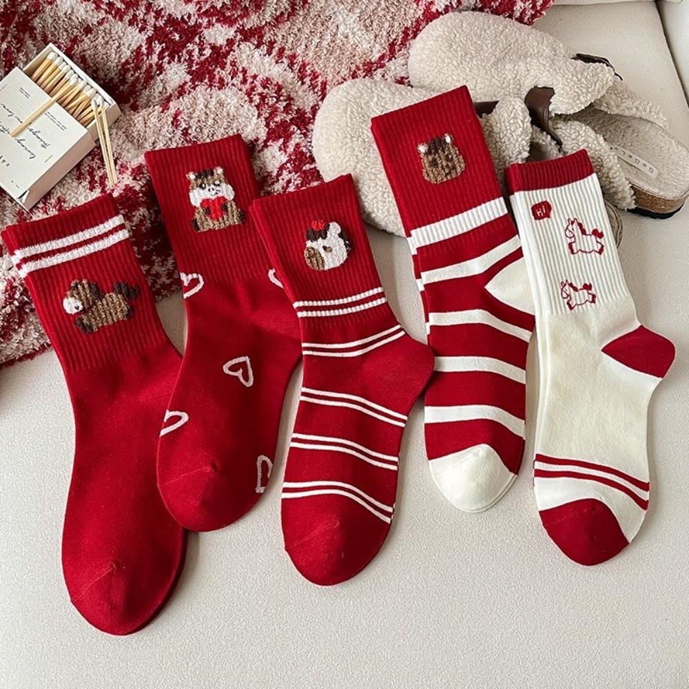 Cute Cotton Horse Pattern Socks Soft Comfortable Cartoon Red Socks Elastic Breathable Zodiac Year Socks Party
