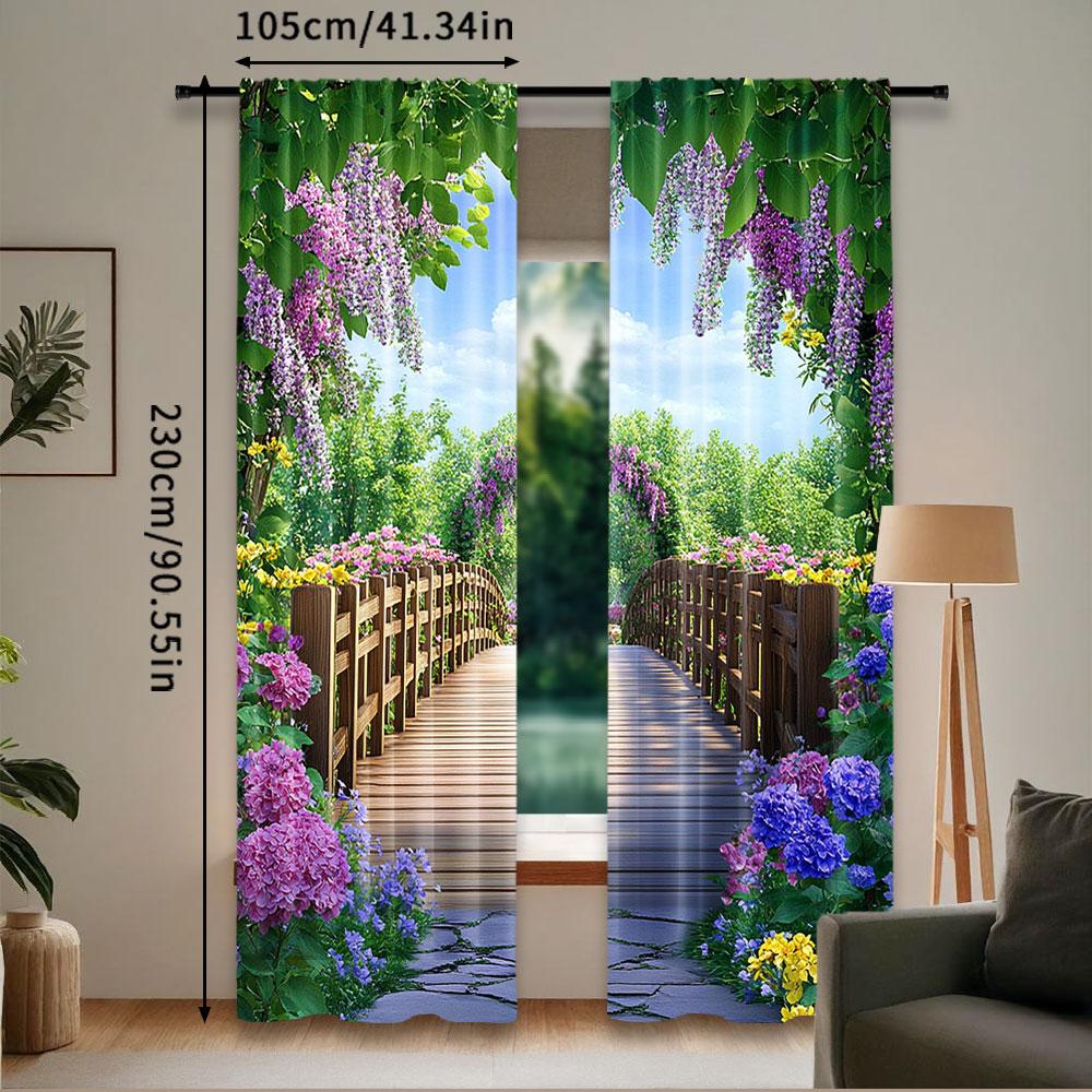 Bunte Blumen blühen Vorhang Holzbrücke Blumengarten Wohnzimmer Schlafzimmer Viele andere Anlässe Vorhänge Set von 2 Hergestellt Polyester Sitzdekor