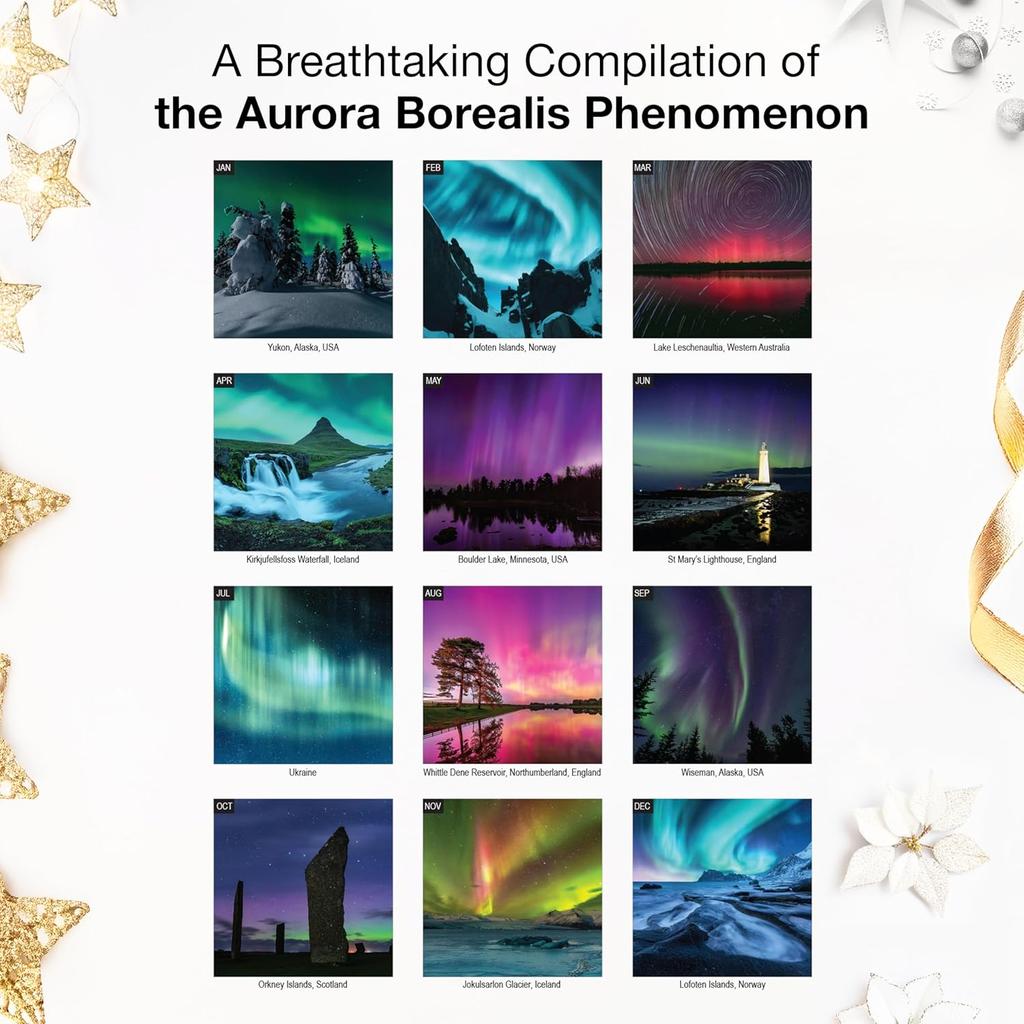 RED EMBER Aurora Borealis 2026 Mini Wall Calendar 12 Month | 7" x 14" Open | Thick & Sturdy Paper | Holiday Gift | Northern Lights Space Calendar