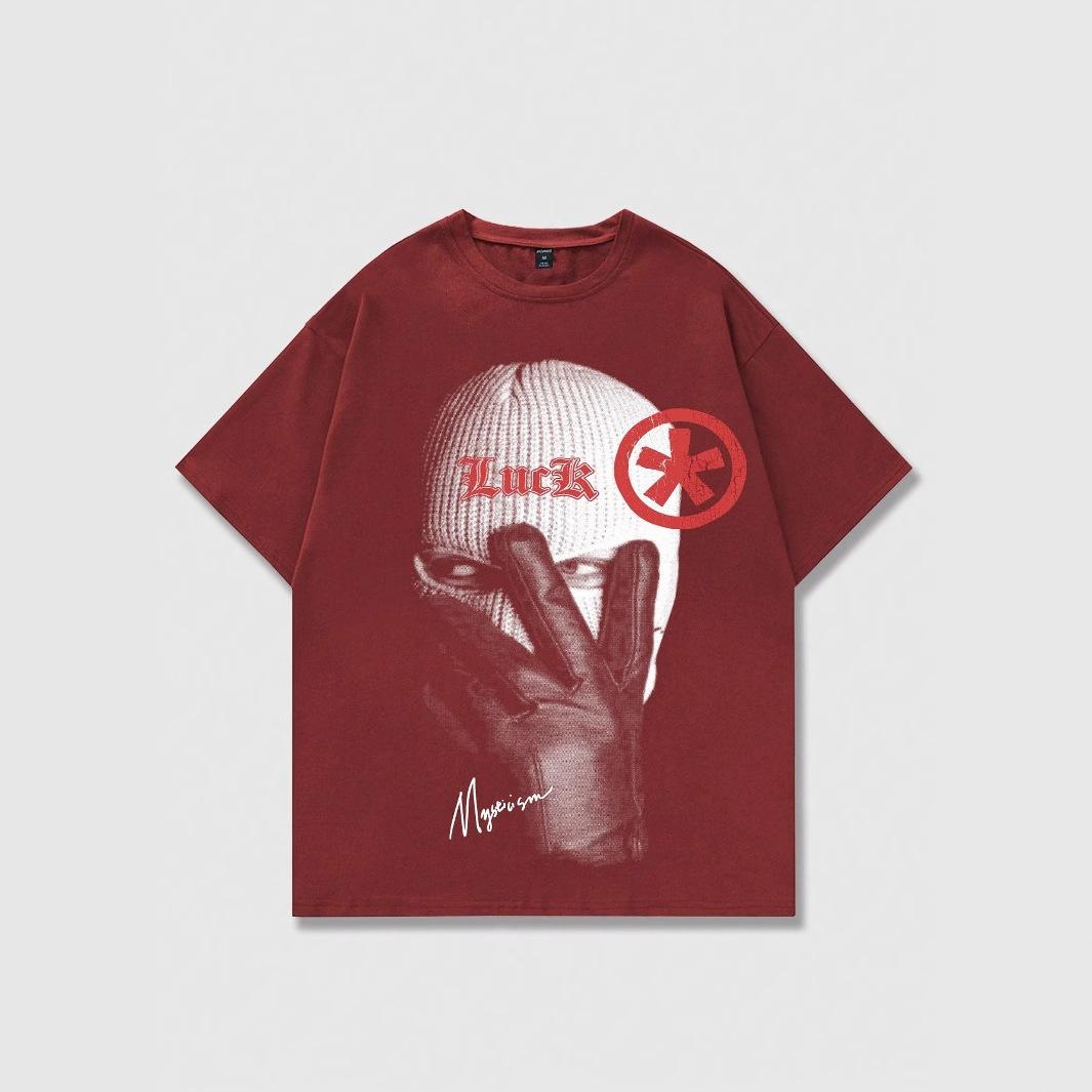 

American Retro Dark Clown Print Casual Short-sleeved T-shirt High Street Tide Brand Casual Washing Short-sleeved 5XL бордовый