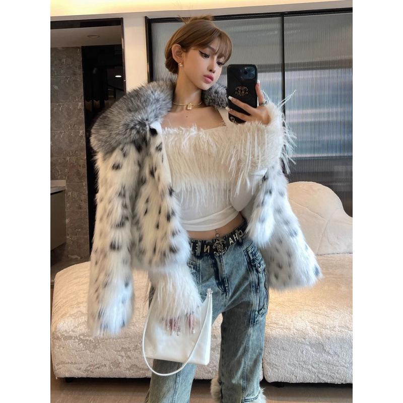 New Short Fur Coat Square Neck Coat Sexy Leopard Print Thickened Winter Warm Light