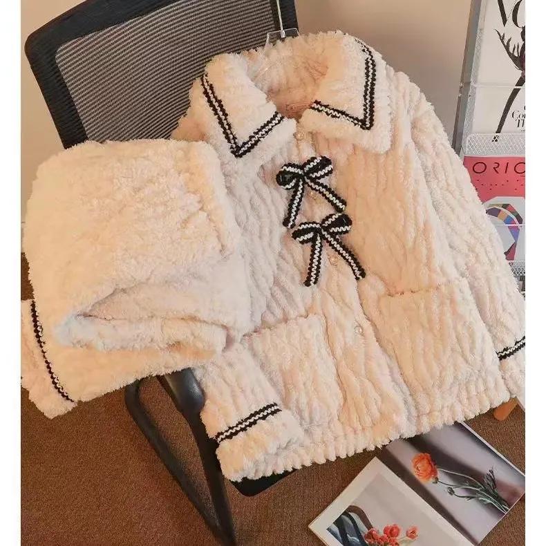 Winter Pajamas Women's Cute Simple Loose Dormitory Coral Fleece Home Service Suit Pajamas