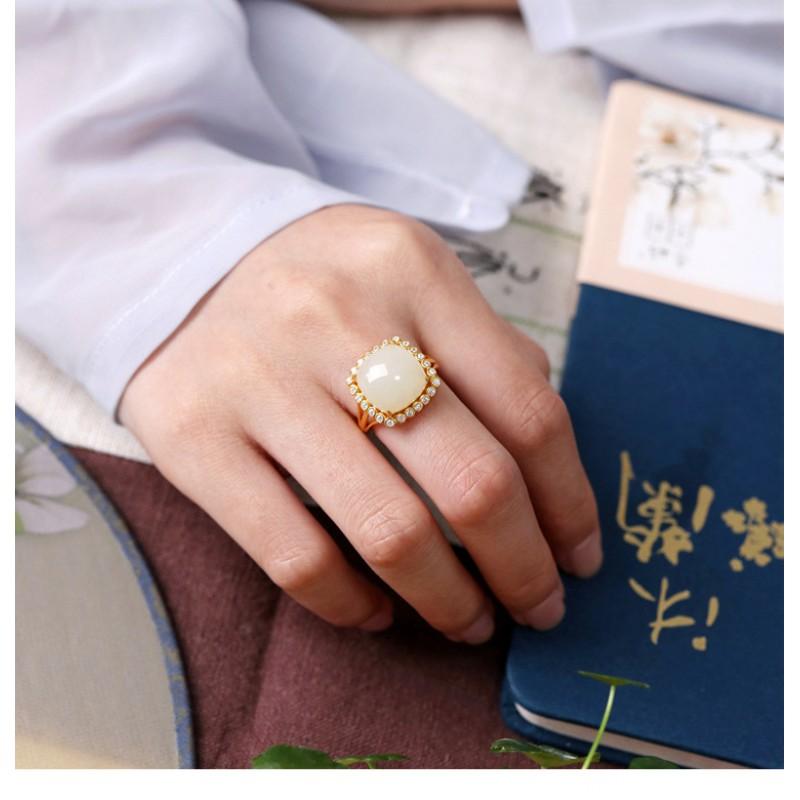 Adjustable Square Geometric Ring Women Men Copper Plated Gold With Jadeite White Jade Minimalist Vintage Style