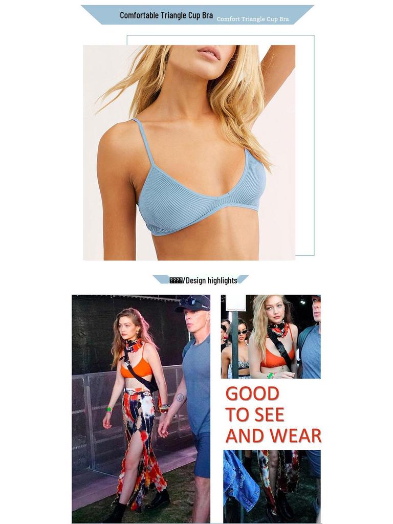 French Cotton V-Neck Women's Wire-Free Soft Elastic Ribbed Bra