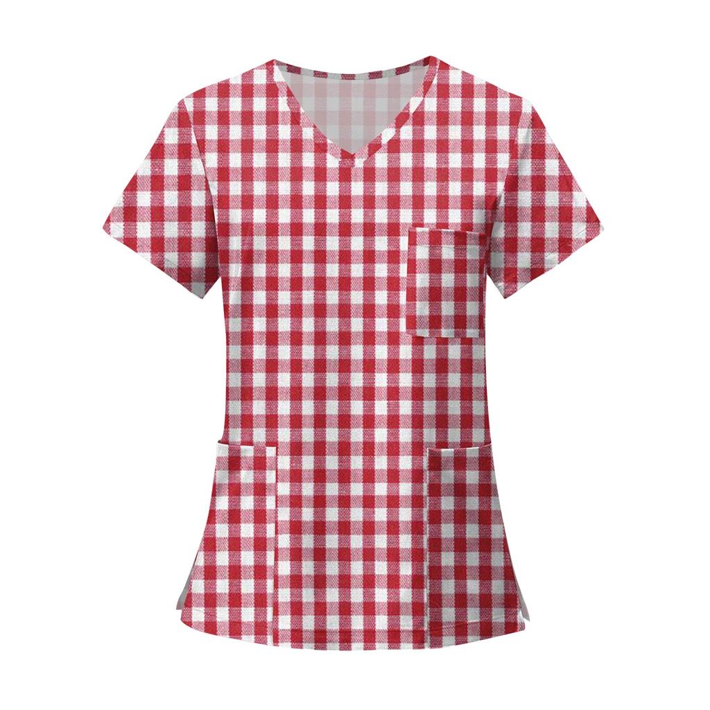 Women's Fashion Printed Short Sleeve V Neck Pattern Tops Pocket Working T-shirts