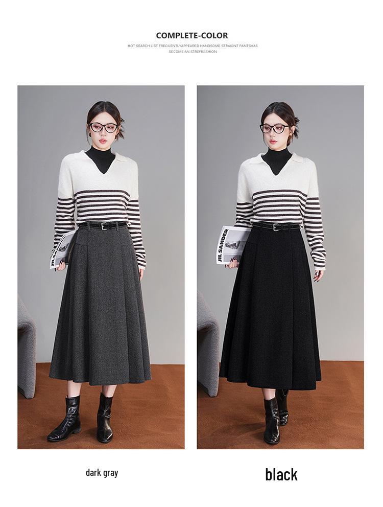 2025 Winter High-Waisted Wool A-line Skirt - Drapey, Slimming, Mid-length, Pleated, Wide-hem Design.