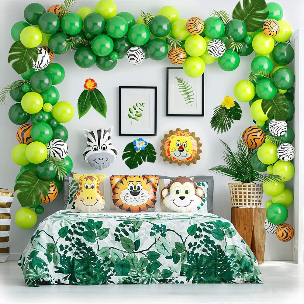WEISPARK 105Pack Artificial Palm Leaves Hibiscus Flowers Tropical Party Decorations Supplies - 7 Kinds Fake Monstera Leaf for Safari Jungle Hawaiian