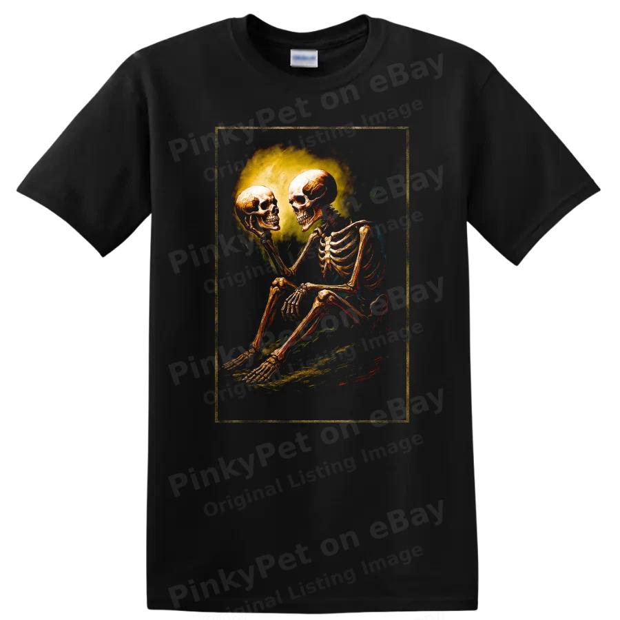 Skeleton Holding Skull T Shirt Halloween Graphic Tee Art Design Fun