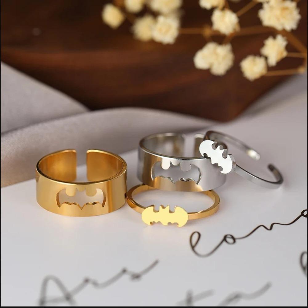 New Arrival Trendy Stainless Steel Bat Couple Rings for Women Men Punk Opening Hip Hop Rock Finger Jewelry Set Gift Colorfast