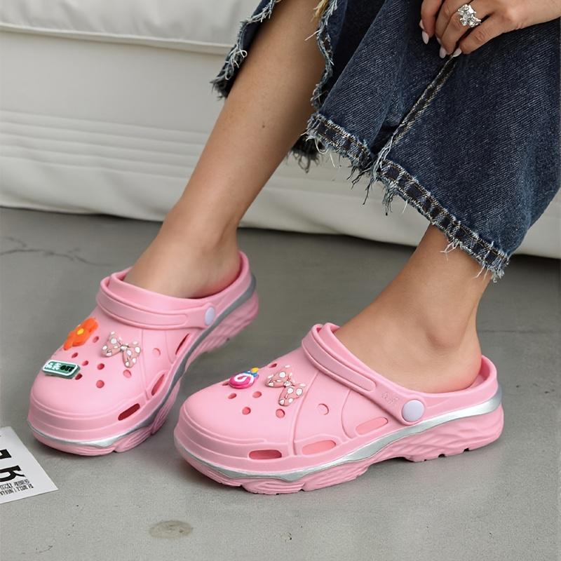 Damen-Clogs mit dicker Sohle zur Größensteigerung mit DIY-Blumen-Schleifen-Accessoires, Rutschfeste verschleißfeste leichte Gartenschuhe, Damenschuhe