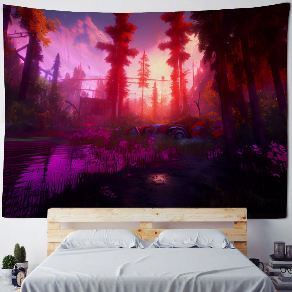 Beautiful wooden house, floral tapestry, forest landscape, home decoration hanging cloth, living room dormitory background cloth