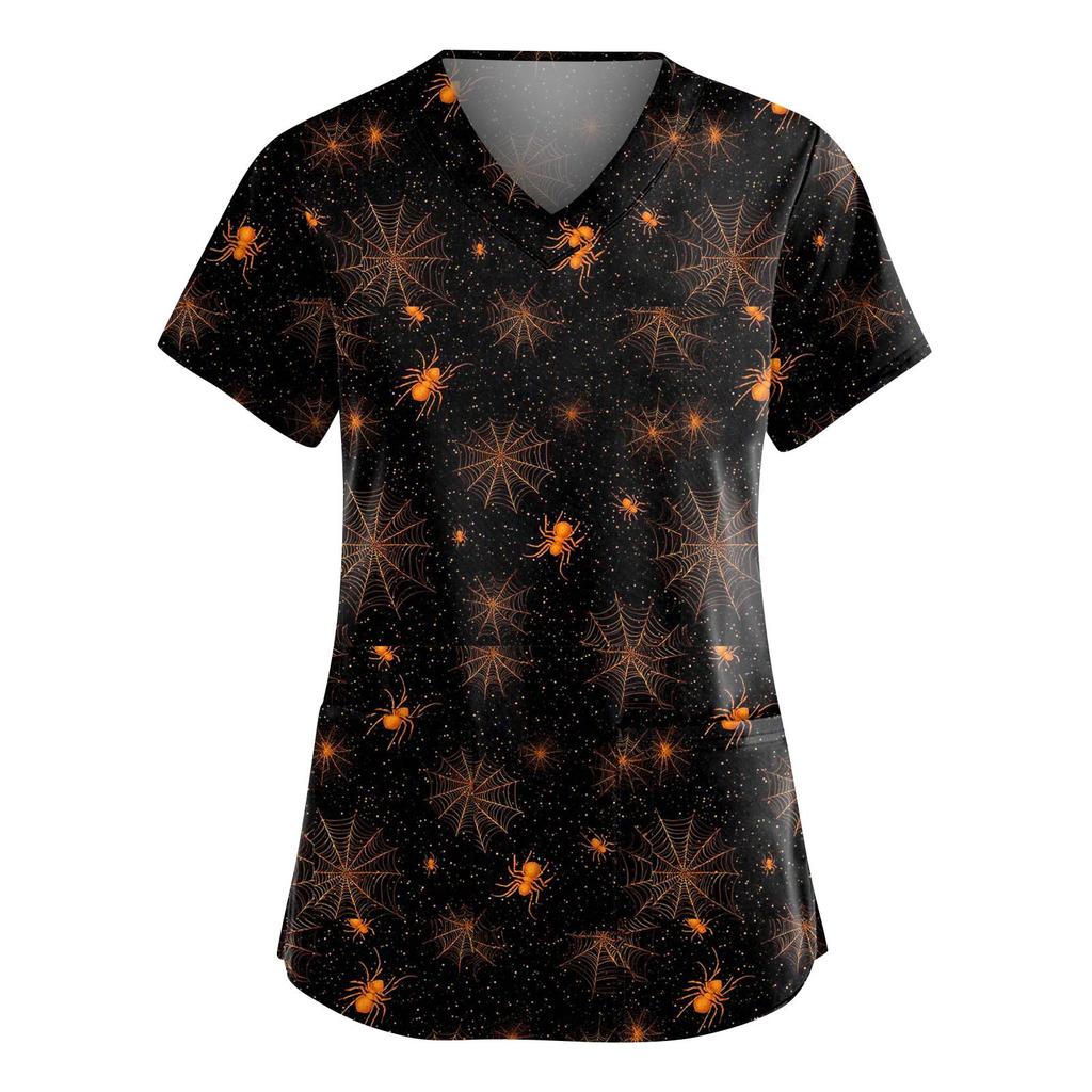 Women's Fashion V-Neck Short Sleeve Overalls With Pockets Halloween Printed Tops  Apparel