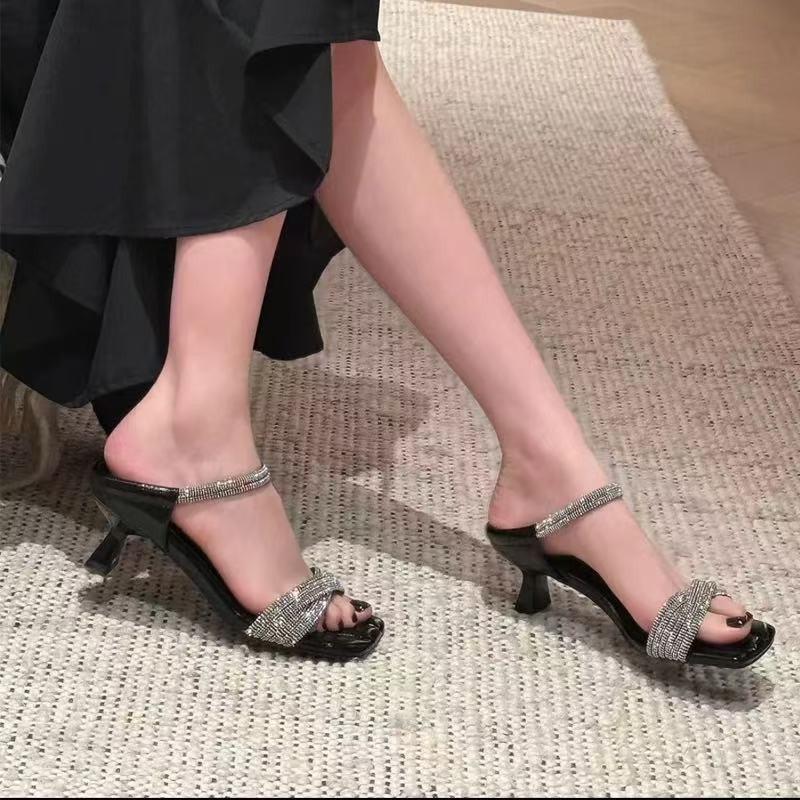 Rhinestone word with cool slippers women's summer wear beautiful high heels stiletto high heels cool slippers