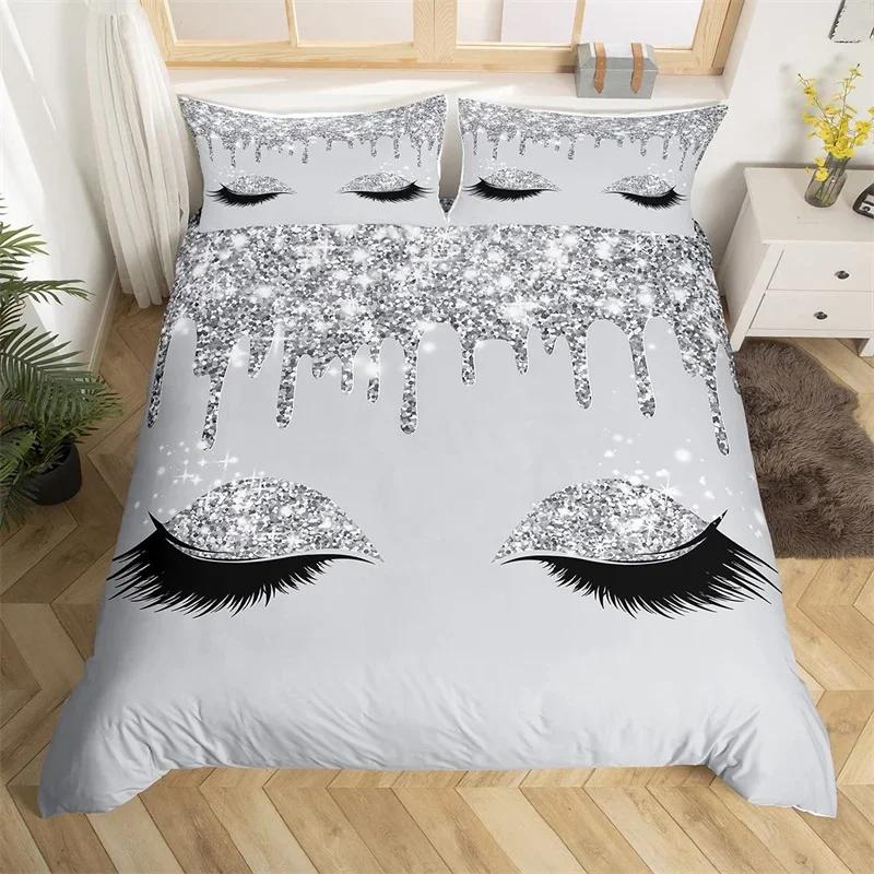 Eyelash Duvet Cover Set Eyes Pattern Design Comforter Cover Microfiber Girly Priness Style Glitter Twin King Queen Bedding Set