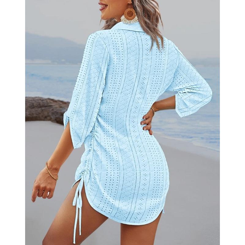 VEZFAA Women's Fashion Summer Spring Solid Color Print Short Sleeve V-Neck Loose Waistline Casual Dresses