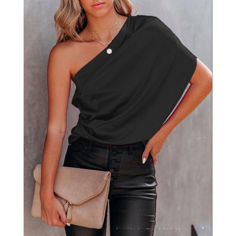 European and American-Style One-Shoulder Draped Satin Shirt