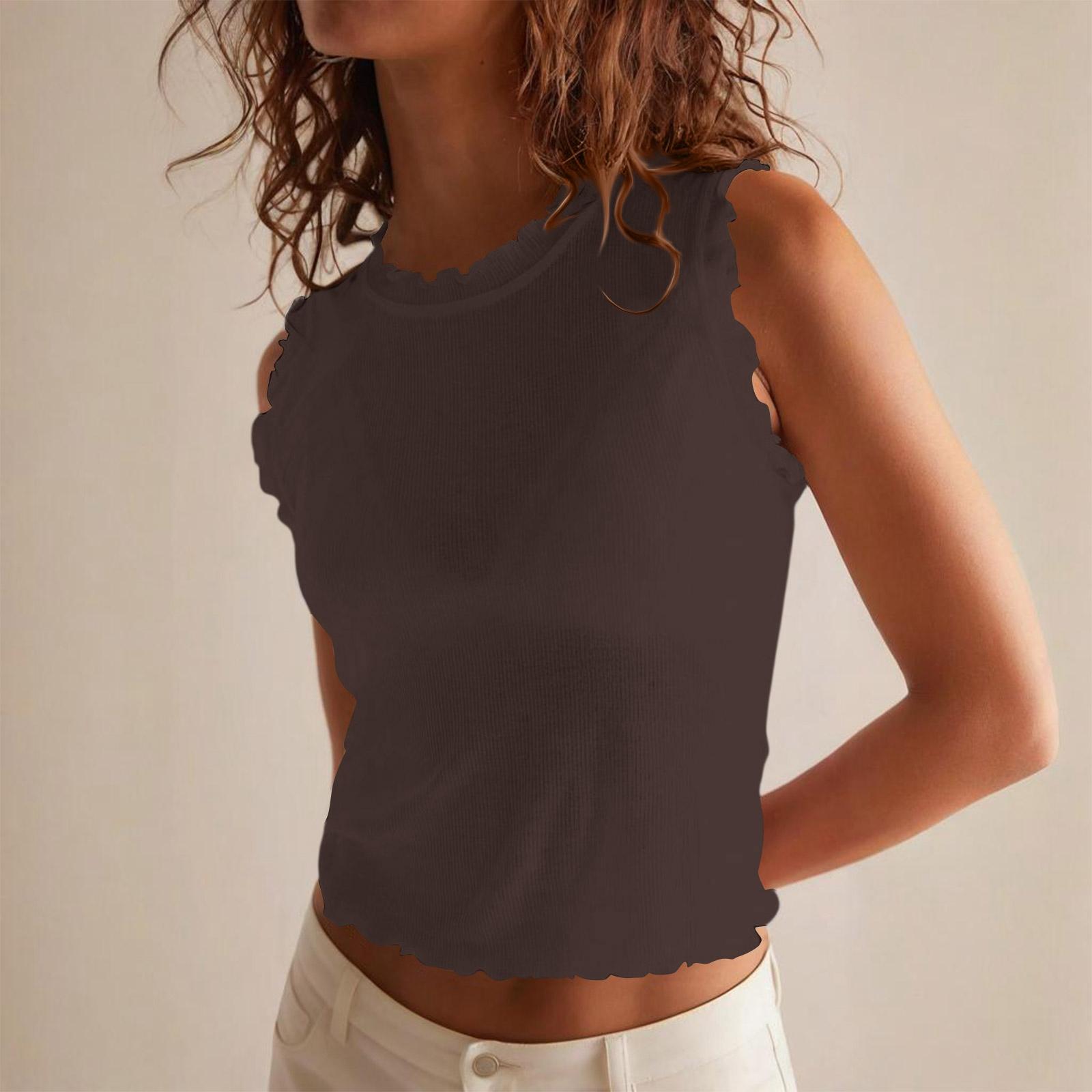 Women Sleeveless Ribbed Knit Tank Top Crew Neck Ruched Detailing Casual Fitted Blouse Summer Lightweight Shirt S