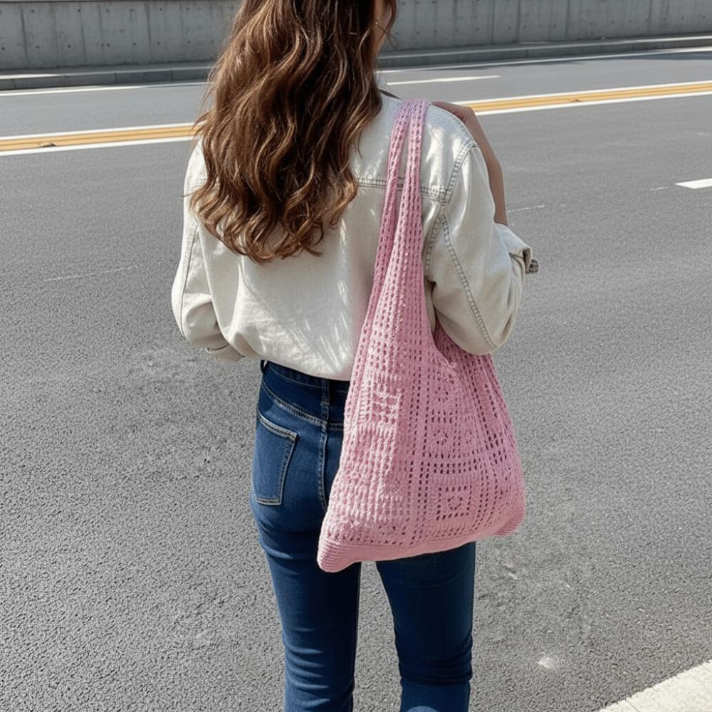 Solid Color Knitting Shoulder Bag Woven Hollow Crochet Mesh Bag Bohemian Style Large Capacity Shopping Handbag