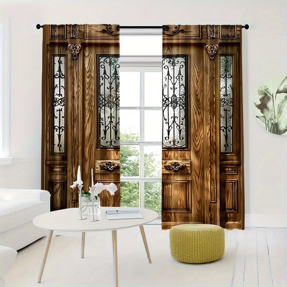 2pcs Elegant Wooden Door Print Curtains with Rod Pocket Design for Living Room Bedroom Kitchen & Cafe Window Decor Softens Views