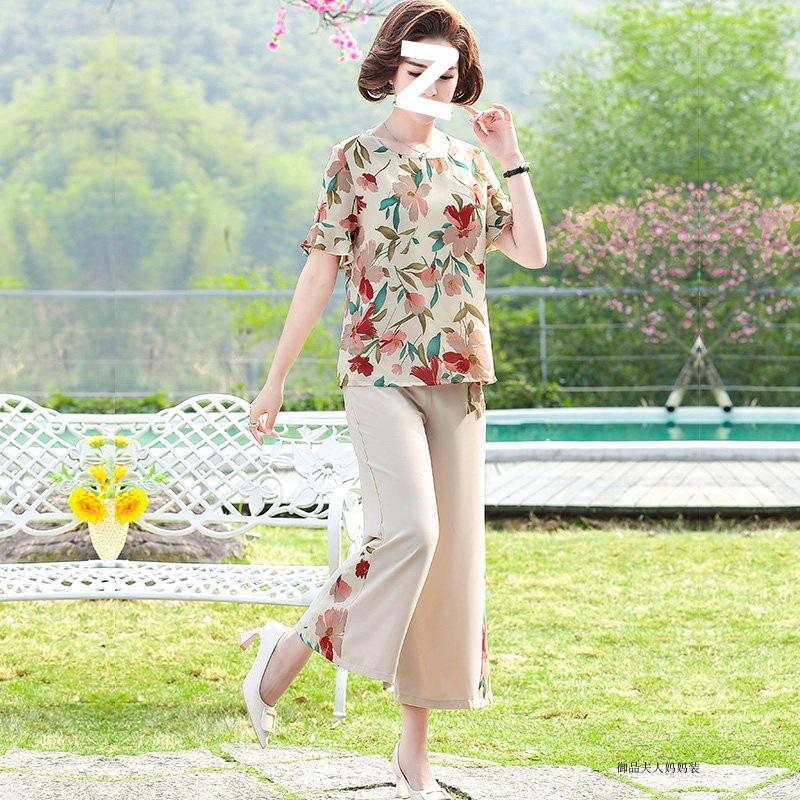 Mom's Summer Suit, Elderly Summer Suit, Grandma's Two-piece Set, Fashionable Chiffon Shirt, Short-sleeved Old Lady's Clothes