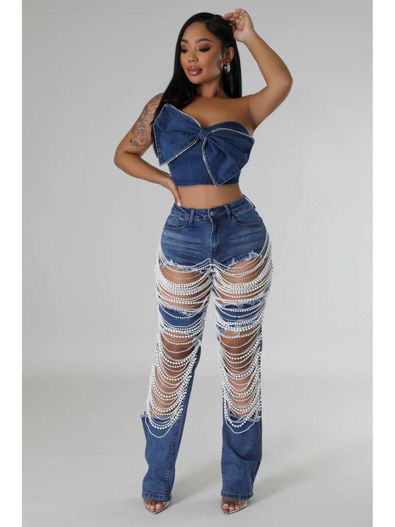 2025 Beaded Ripped Elastic Jeans for Women: Hot Girl Summer Style