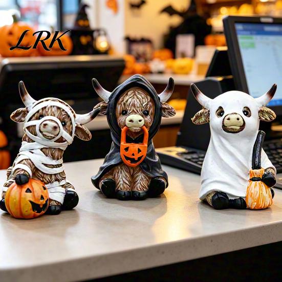 Whimsical Halloween Table Decor Highland Cow Statue Decor, Funny Resin Ghost Figurine for Home Mantel Decorations Office Tiered Tray Desk Shelf